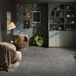 Dark gray Shaw Floors carpet in sitting room | Stevens Floor Coverings